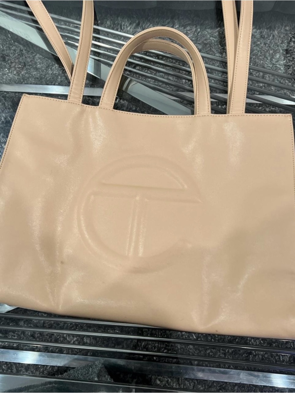 Telfar Beige Embossed Logo Shopper Crossbody Bag